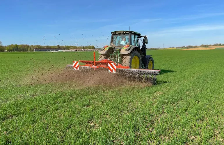 A tractor pulls red Kuhn rotary hoe Starliner across a green field, tilling soil in strips. The scene shows agricultural work under a clear blue sky with birds visible overhead.