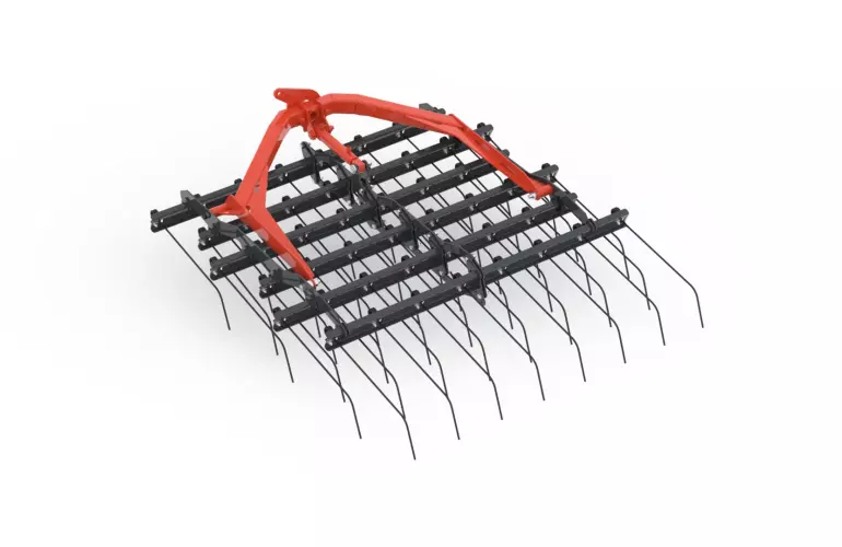 Tine weeder Tineliner with multiple curved tines arranged in rows.