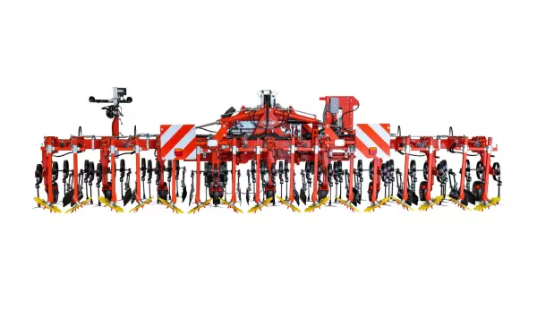 Kuhn's row crop cultivator Rowliner with multiple rows of black tilling implements and yellow soil-working attachments spans horizontally across a white background.