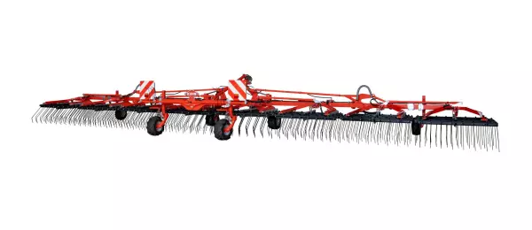 Kuhn Tineliner a large red agricultural tine weeder with multiple wheels and rows of curved metal tines, designed for weeding in farming operations.