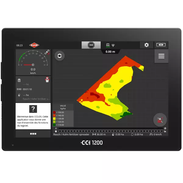 Modulation map of an ISOBUS CCI 1200 terminal that shows the automatic application rate modulation with a SITERA e seed drill with electrical drive.