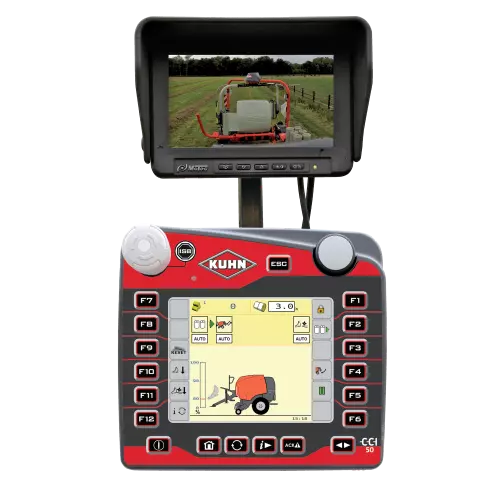 Camera screen with a view at a wrapper and bales