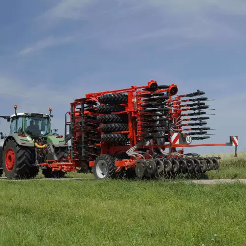 ESPRO seed drill in transport mode, safe and stable with the centre press wheels lifted