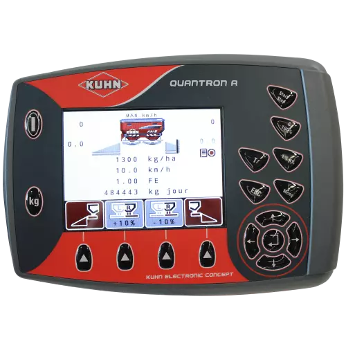 QUANTRON A electric control box for easy control of the outlets according to forward speed, and application rate modulation using an external GPS terminal.